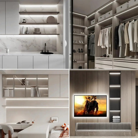 Dope 12V COB LED Strip Lights Kit With Six In One Self Adhesive Under Cabinet Lighting installed in kitchen, wardrobe, and living room setups