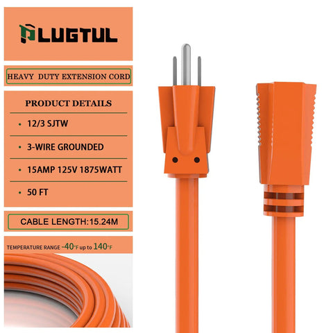Beefy 50 Ft Outdoor Extension Cord With 12 Gauge 12/3 SJTW Waterproof Orange ETL Listed 15 Amp 1875 Watt Power Cable details