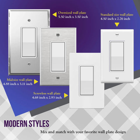 Illuminated Decorator Paddle Light Switch Single Pole No Fuss Push In Or Side Wiring Copper Wire Only Grounding Screw Residential Grade 15A 120 To 277V UL Listed White Pack Of 10 with four wall plate styles