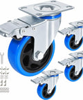 Four Inch Heavy Duty Caster Wheels Set Of Four Featuring Dual Locking Brakes And Super Smooth Polyurethane Rollers For Quiet Garage Haulin Badass Equipment Rolling Up To 2200 Lbs Capacity With Free Mounting Hardware Included, showcasing blue wheels and mounting hardware.