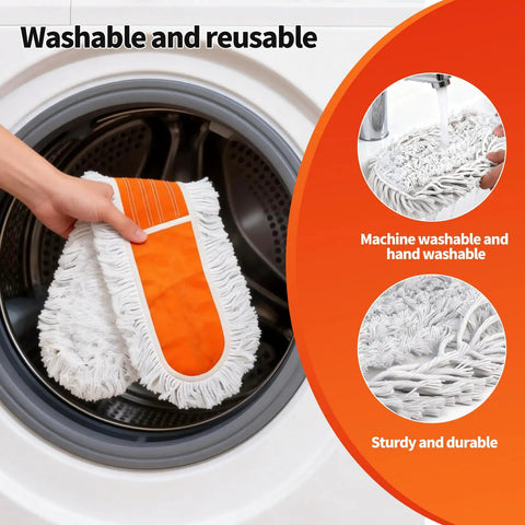 36 Inch Commercial Janitor Broom And Dust Mop Set Heavy Duty Workhorse With Telescopic Pole And Three Pack Cotton Pads showing removable mop pad being washed.