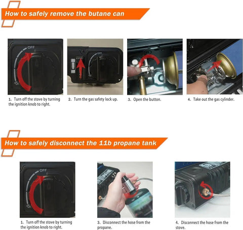 Instructions for removing butane and propane from Dual Fuel Camping Stove With Wind Blocker, 10,000 BTU Portable Gas Stove.