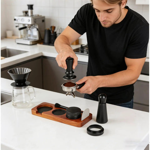 Seven Piece Espresso Tamper Kit Designed For 51mm Filter Cups Portable Coffee Press Tools in use with coffee grounds