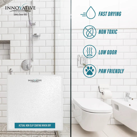 Clear Anti Slip Coating For Bathtub And Shower With Textured Non Slip Grip To Stop Slips On Slippery Tubs And Shower Floors 4 Oz Safe Traction For Kids Seniors And Post Surgery displayed in a modern bathroom setting with product features listed on side.