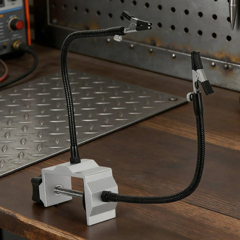 Helping Hands Soldering Table Clamp Dual Arm Third Hand Tool for PCB Holder with nonskid vise on workbench.