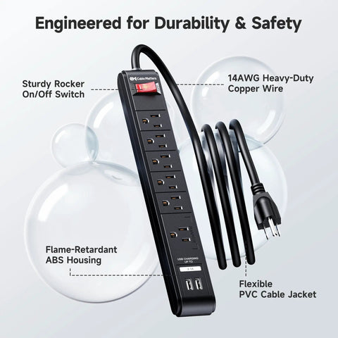 Two Pack Six Outlet Surge Protector Power Strips With USB Ports Eight Foot Long Extension Cord ETL Listed 490 Joules Surge Protection Built In 15 Amp Circuit Breaker Black Power Strip For Your Home Office Setup And Electronics, showing design features with labeled components.