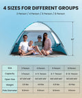 Family sitting inside Four Person Beach Tent With Easy Pop Up Setup Shade Shelter, olive green, showing measurements and details.