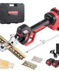 Heavy Duty Electric Din Rail Cutter With Slick Dual Groove Design For Knockout Straight Cuts On 35mm Aluminum And Steel Guide Rails No Sweat Portable Power Tool For Electrical Techs And Rough Site Work Daily, showing tool with case, battery, and accessories.