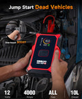 Person using 4 In 1 Jump Starter With Air Compressor And Tire Inflator, 4000A Car Battery Booster on a car engine
