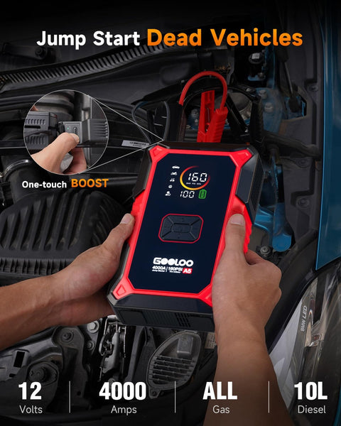Person using 4 In 1 Jump Starter With Air Compressor And Tire Inflator, 4000A Car Battery Booster on a car engine