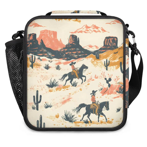 Insulated Lunch Tote Bag With Shoulder Strap For Teens, Students, Women And Men featuring cowboy desert scene, side view