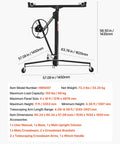 VEVOR 11ft Drywall Lift Heavy Duty 150 Lbs Sheetrock Hoist showing dimensions and parts including adjustable telescoping arm and wheels.