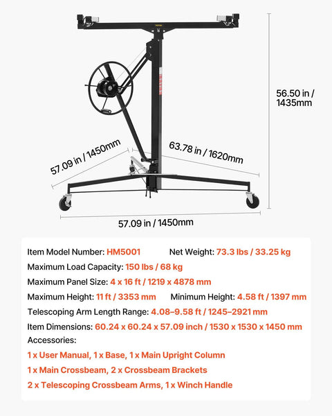 VEVOR 11ft Drywall Lift Heavy Duty 150 Lbs Sheetrock Hoist showing dimensions and parts including adjustable telescoping arm and wheels.