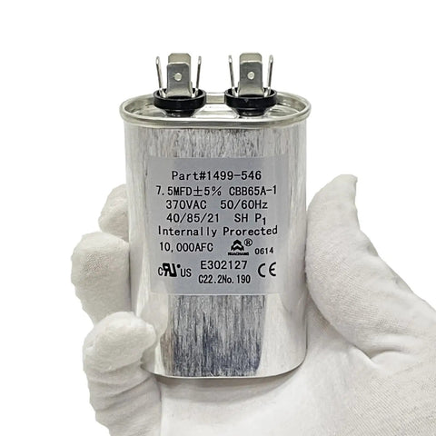 Air Conditioner Run Capacitor 75MFD Plus 5 Percent Tolerance 370VAC CBB65A1 in white glove, close-up view