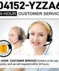 Customer service representative with headset, 24-hour service badge, smiling woman in office environment