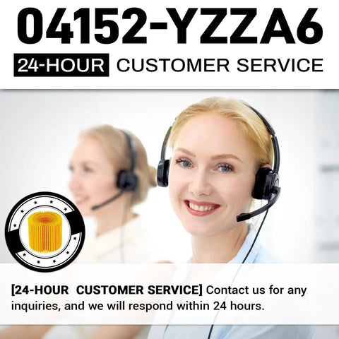 Customer service representative with headset, 24-hour service badge, smiling woman in office environment