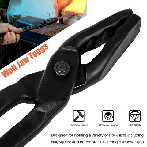 Close-up of 16-inch black Wolf Jaw Tongs from Badass Wolf Jaw And V Bit Tongs Set For Forging And Knife Making Practical Blacksmith Tools