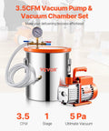 Front view of VEVOR 5-gallon stainless steel vacuum chamber with acrylic lid and 3.5 CFM single-stage pump.
