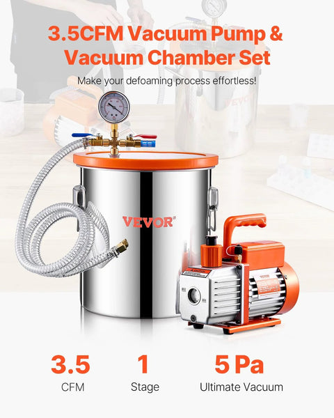 Front view of VEVOR 5-gallon stainless steel vacuum chamber with acrylic lid and 3.5 CFM single-stage pump.