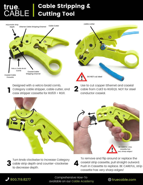 Diagram showing features of Pro Grade Wire Stripping And Cutting Tool For Ethernet Cabling And Coax Adjustable Blade Depth.