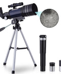 Kids Monocular Compound Microscope And Compact Refractor Telescope Starter Science Kit With Complete Accessory Bundle showing telescope with Barlow lens.
