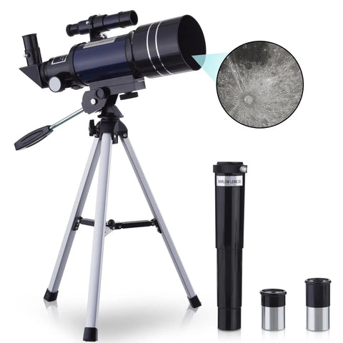 Kids Monocular Compound Microscope And Compact Refractor Telescope Starter Science Kit With Complete Accessory Bundle showing telescope with Barlow lens.