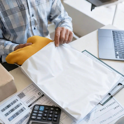 Person packing shirt into 200 Pack Poly Mailers With Four Assorted Sizes 10 By 6 Inches, 11.8 By 7.8 Inches, 13.7 By 9.8 Inches, And 16.6 By 11.4 Inches Waterproof Tear Resistant White Shipping Envelopes For Clothes Books And More