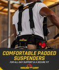 Person wearing 20 Pocket Builder Tool Rig With Magnetic Storage For Quick Access, Heavy Duty 1680D Polyester Tool Belt With Padded Suspenders.
