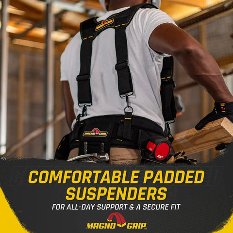 Person wearing 20 Pocket Builder Tool Rig With Magnetic Storage For Quick Access, Heavy Duty 1680D Polyester Tool Belt With Padded Suspenders.