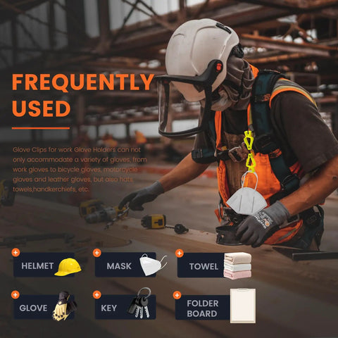 Worker using Yellow Glove Clips For Work Glove Holders 6 Pack Pro-Grade POM with tools and mask on site