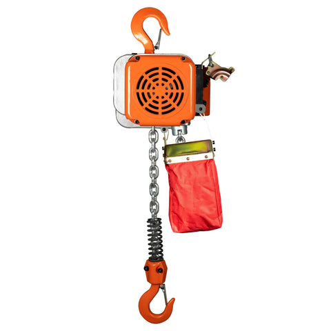Prowinch electric chain hoist, 1/2 ton, orange housing with steel chain and hook, red load bag