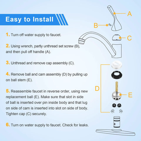 Diagram showing installation steps for Single Handle Faucet Repair Kit With RP212 Stainless Steel Ball Valves And Knob Handles