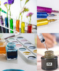 Colorful 25G 5/8 Luer Lock Syringe Needles in lab setup with flowers and test tubes
