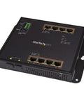 Rugged 8 Port PoE Plus Gigabit Switch With 2 SFP MSA Slots, 30W per port, black industrial-grade design with multiple Ethernet ports.