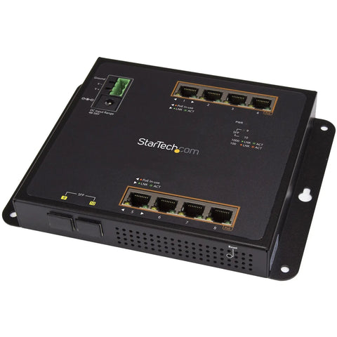 Rugged 8 Port PoE Plus Gigabit Switch With 2 SFP MSA Slots, 30W per port, black industrial-grade design with multiple Ethernet ports.