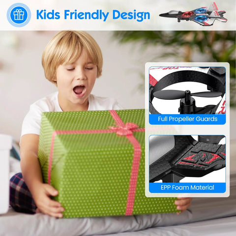 Child excitedly opening gift box with Foam Remote Control Airplane For Kids And Beginners, featuring propeller guards insets.