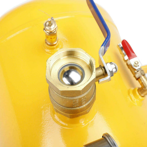 Close-up of valve and gauge on 5 Gallon Air Tire Bead Seater Blaster Tool With Gauge 145 PSI For Cars Trucks ATVs And Heavy Duty