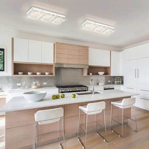 Crystal Flush Mount Ceiling Light Long Rectangular Kitchen Fixture In Brushed Nickel Dimmable 18 Inch LED Ceiling Light displayed in kitchen