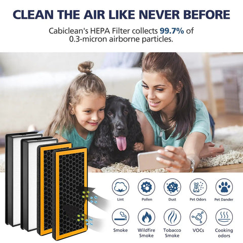 Family with dog using 4 Pack Replacement Filters For PetPlus AT-PETODR And TotalClean AT-OFL Air Purifiers For AT-PET01 AT-PET02 And AR-45