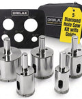 5-piece diamond drill bit set with guide, case, and sizes from 3/4 to 1-3/4 inches for tile, glass, porcelain, and granite.