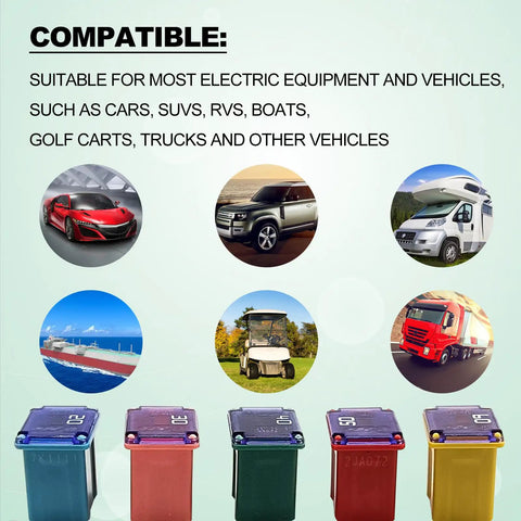 Built Tough Low Profile Fuse Assortment Kit For Trucks Cars And Suvs Includes Ten Pcs Road Ready Box Blade Micro Cartridge Fuses with images of compatible vehicles.