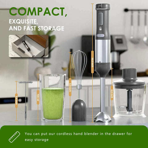Kickass 5-In-1 Cordless Immersion Blender With Rechargeable Handheld Battery, accessories and measurements for compact storage.