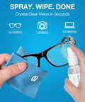 Using Alcohol Free Glasses Cleaner Kit with Plant Based Microfiber Cloths and Pouch on eyeglasses for streak-free cleaning