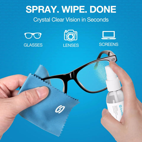 Using Alcohol Free Glasses Cleaner Kit with Plant Based Microfiber Cloths and Pouch on eyeglasses for streak-free cleaning