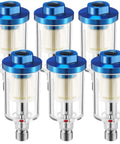 Image of six blue small water oil separator filters with 1/4 inch NPT inlet and outlet, designed for air compressors and airbrushes.