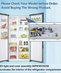Open refrigerator showing LED Refrigerator Light Replacement W10515058 illuminating food items, with component close-up inset.