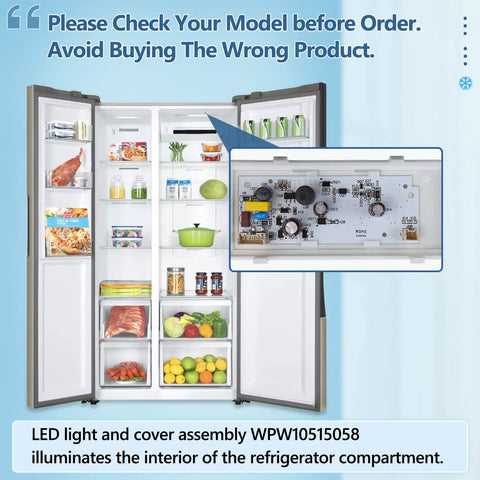 Open refrigerator showing LED Refrigerator Light Replacement W10515058 illuminating food items, with component close-up inset.