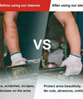 Comparison showing arm protection before and after using Arm Sleeves With Thumb Hole For Men And Women Cut Resistant Protective Sleeve All Day Comfy Lightweight Breathable Gardening Gear For Garden Yard Kitchen Work And Thin Skin Protection.