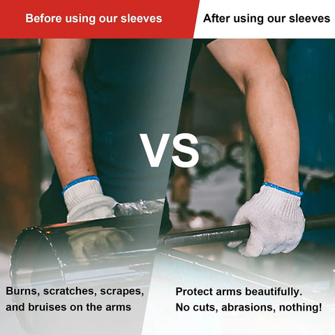 Comparison showing arm protection before and after using Arm Sleeves With Thumb Hole For Men And Women Cut Resistant Protective Sleeve All Day Comfy Lightweight Breathable Gardening Gear For Garden Yard Kitchen Work And Thin Skin Protection.