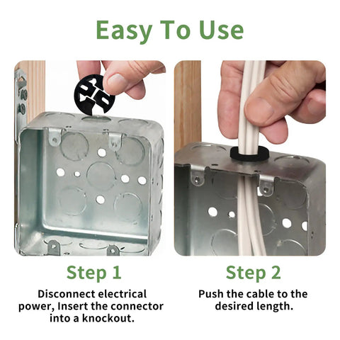 Kickass 3/8 Inch Electrical Box Knockout Plugs With Snap Bushing For Wire Protection Non Metallic Push In Cable Connectors demonstrating installation steps.